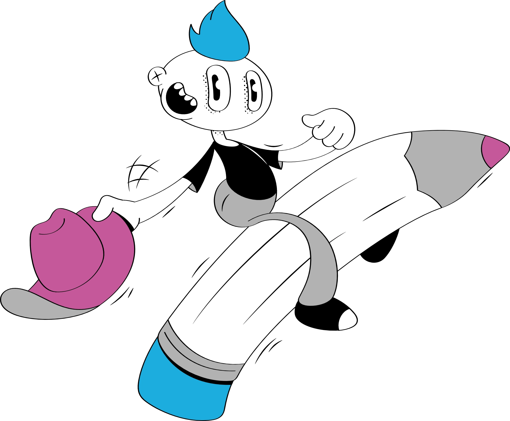Looney man rides an electric pencil rodeo style
